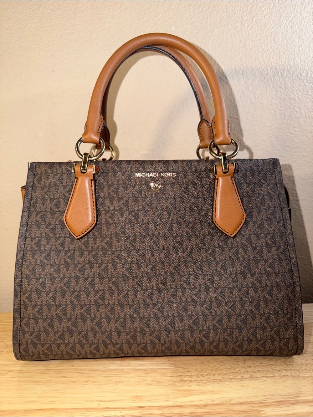 Michael Kors Ciara Medium Brown MK Signature Logo Satchel Crossbody Bag